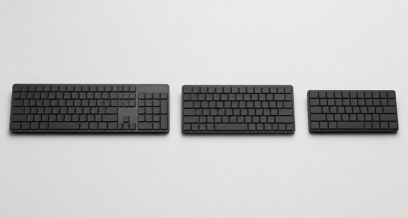 ワイヤレスキーボードのサイズ3種の説明図。左からテンキー付きのフルサイズ、テンキーの無いコンパクト、さらに小さいコンパクト